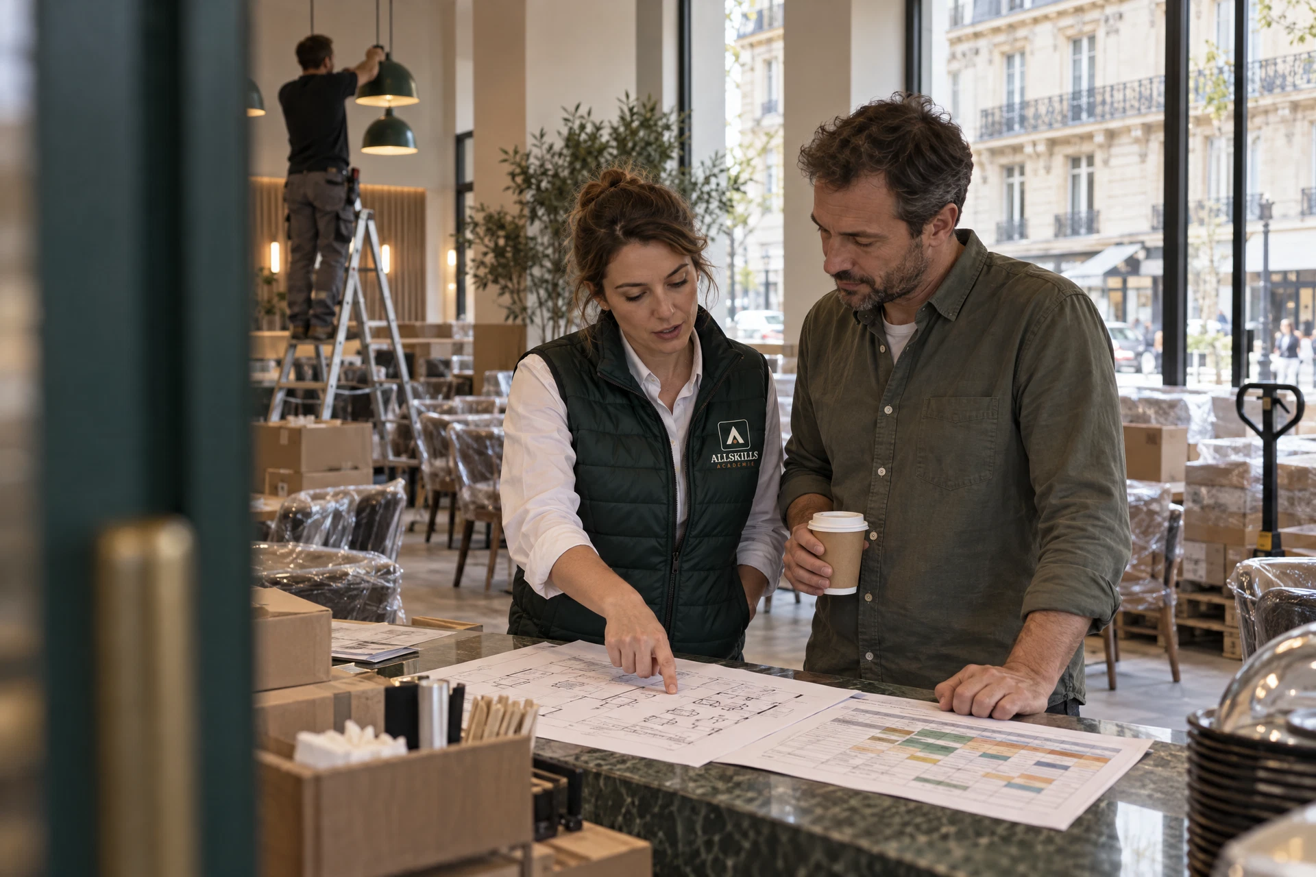 Quelques jours avant l'ouverture d'un restaurant en centre-ville, une consultante ALLSKILLS ACADEMIE et le franchisé étudient le plan de salle et les plannings, au milieu des cartons.