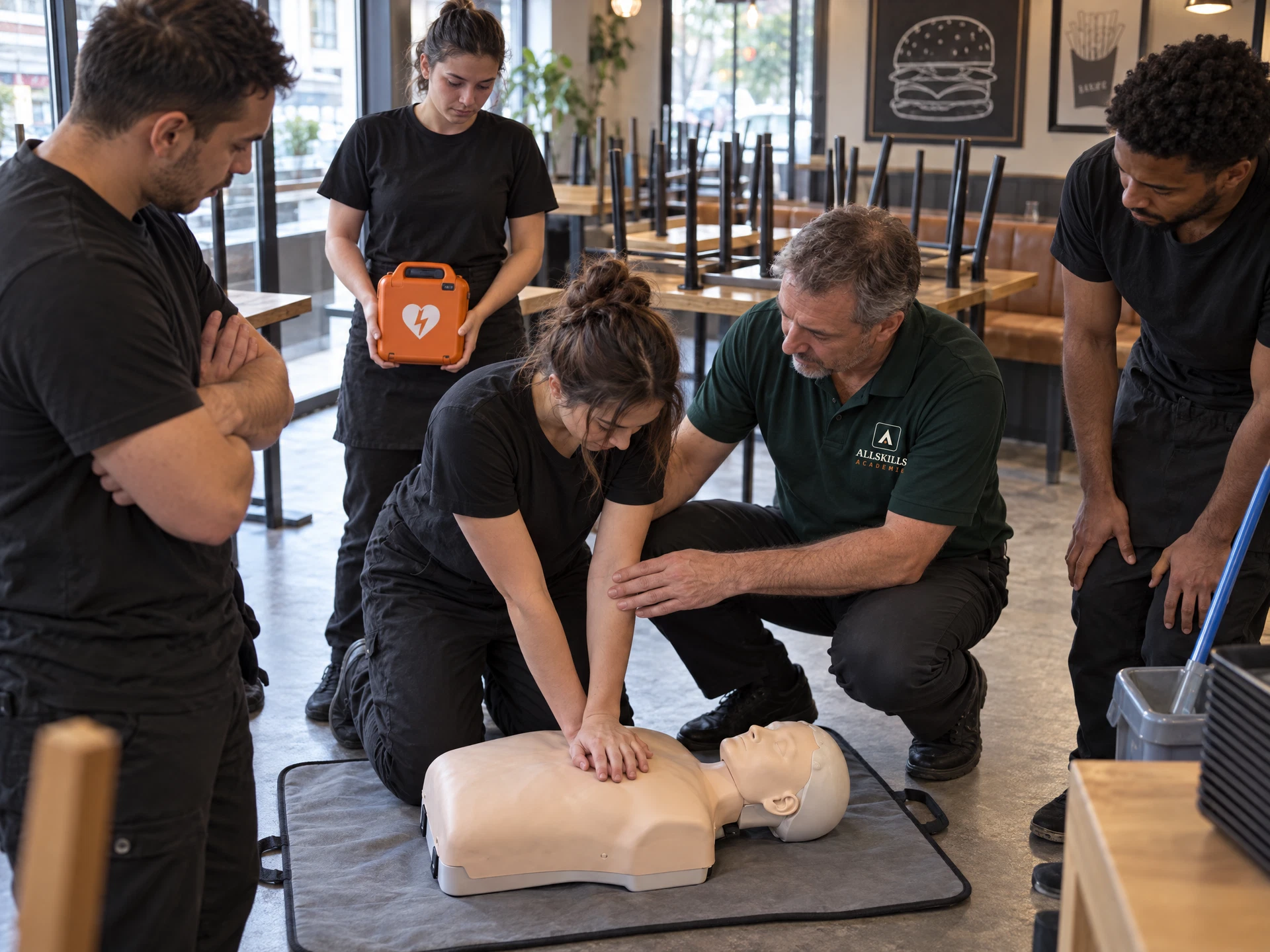 Avant l'ouverture, un formateur SST ALLSKILLS ACADEMIE corrige la position des bras d'une équipière qui s'entraîne au massage cardiaque sur un mannequin.