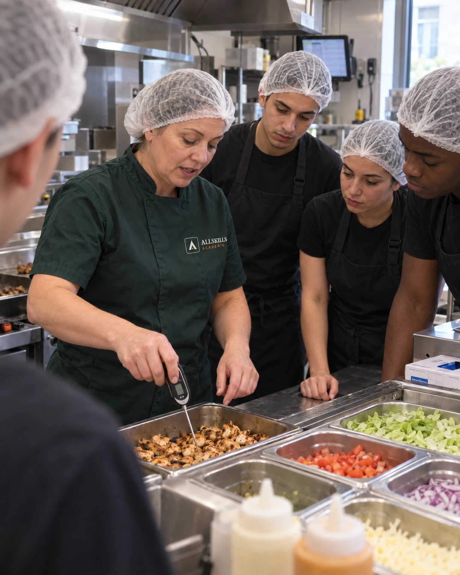 En cuisine, une formatrice ALLSKILLS ACADEMIE en veste verte brodée du logo et charlotte contrôle à la sonde la température à cœur du poulet grillé devant une équipe en tenue.